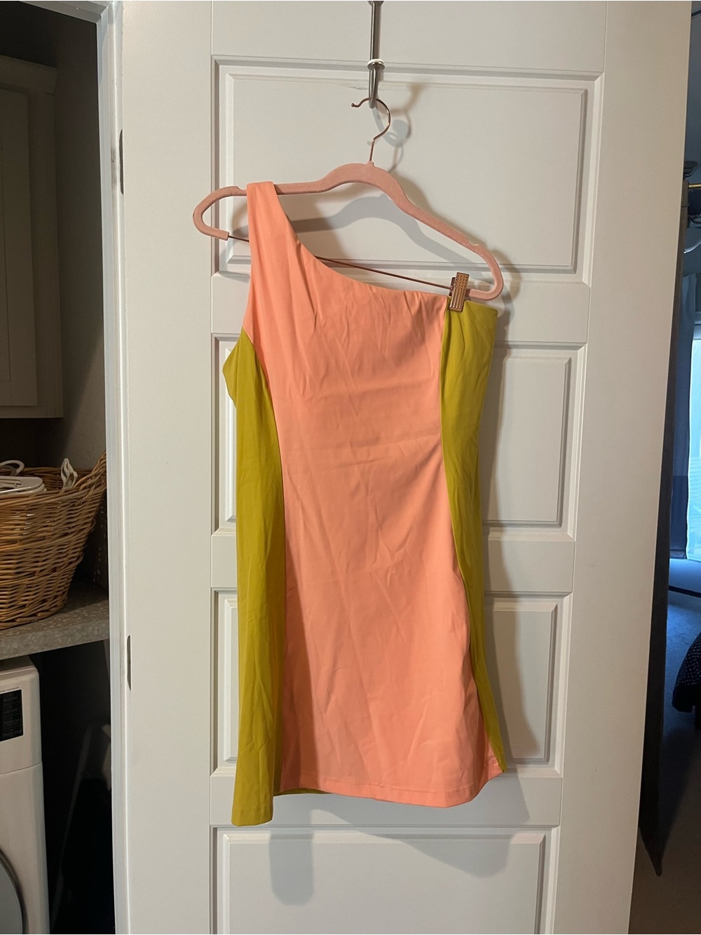 Outdoor Voices One-Shoulder Colorblock Dress in Peach & Lime